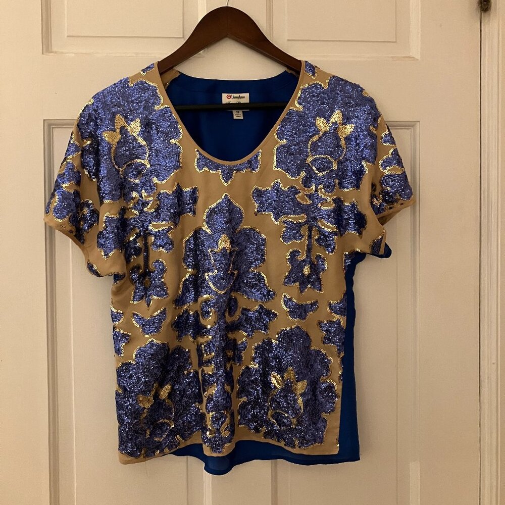 Tracy Reese Neiman Marcus + Target Tan with Blue Sequins Blouse - Size XS